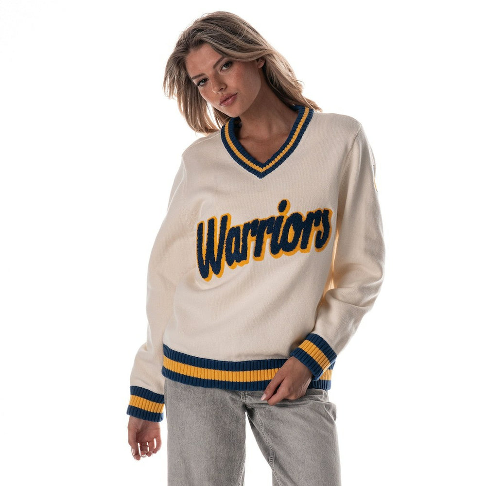 Golden State Warriors The Wild Collective Women's Jacquard V-Neck Sweater sale - Cream discount