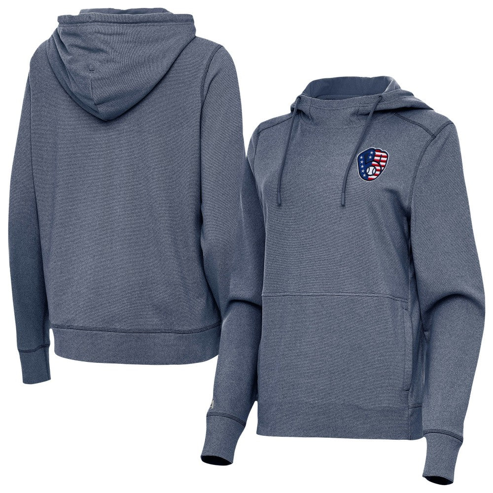 Milwaukee Brewers Antigua Women's Justice Stars and Stripes Team Logo Pullover Hoodie Heather Navy