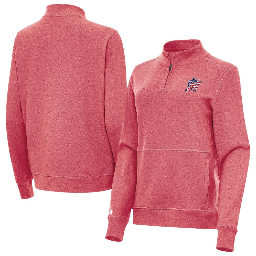Miami Marlins Antigua Women's Crush Stars and Stripes Team Logo Quarter-Zip Pullover Top Heather Red