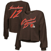 Shedeur Sanders Cleveland Browns Majestic Threads Women's Name & Number Off-Shoulder Script Cropped Long Sleeve Relaxed V-Neck T-Shirt - Brown sale