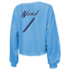 Cameron Ward Tennessee Titans Majestic Threads Women's Name & Number Off-Shoulder Script Cropped Long Sleeve Relaxed V-Neck T-Shirt - Light Blue outlet