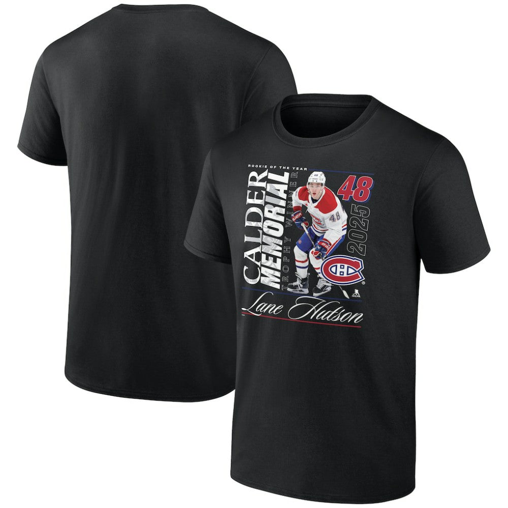 Lane Hutson Montreal Canadiens 2025 Calder Memorial Trophy Winner T-Shirt - Black T-shirts