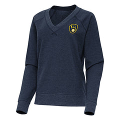 Milwaukee Brewers Antigua Women's Varsity Tri-Blend V-Neck Long Sleeve T-Shirt Heather Navy