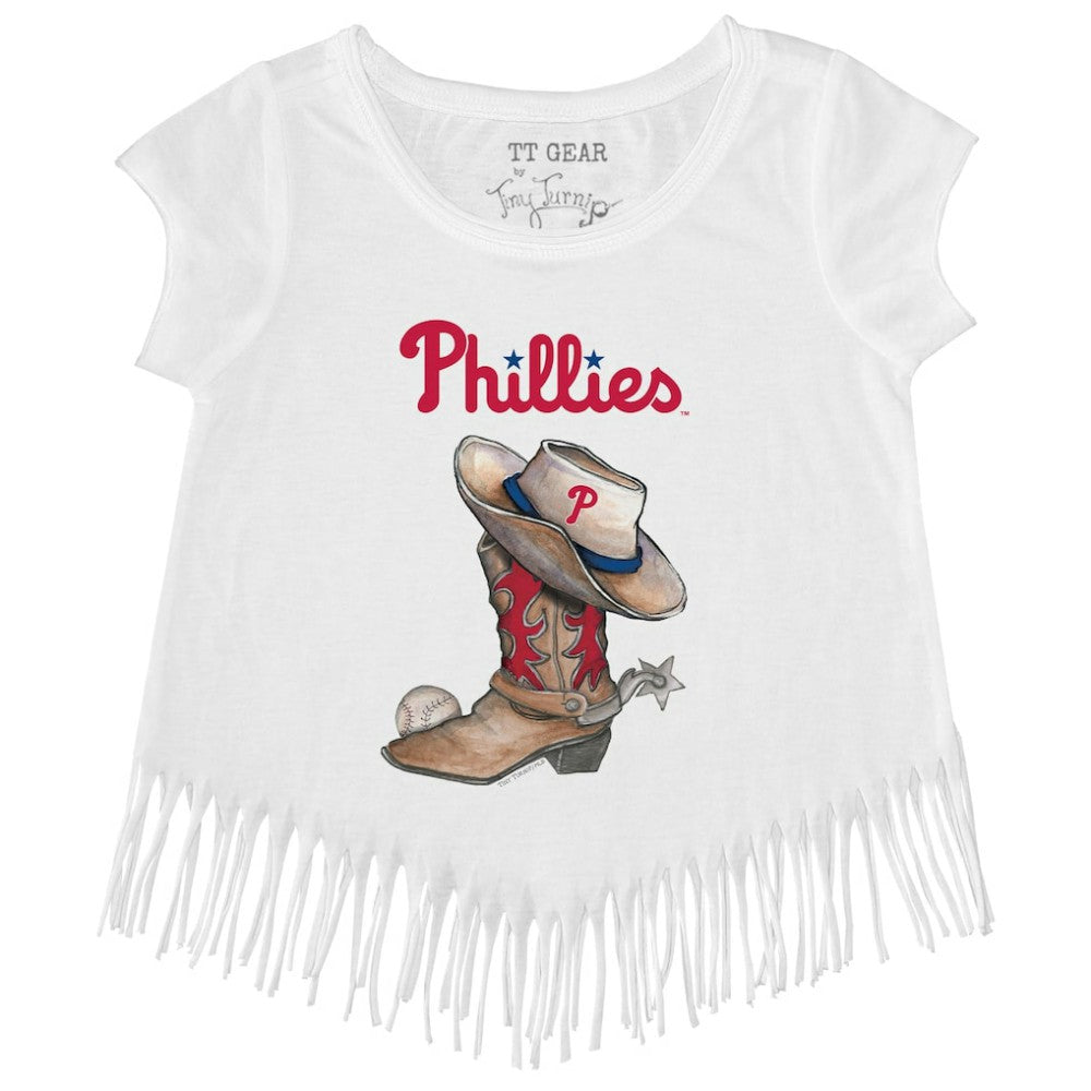Philadelphia Phillies Tiny Turnip Girls Youth Cowboy Boot Fringe T-Shirt White