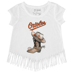 Baltimore Orioles Tiny Turnip Girls Youth Cowboy Boot Fringe T-Shirt White