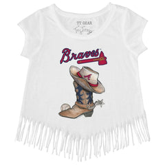 Atlanta Braves Tiny Turnip Girls Youth Cowboy Boot Fringe T-Shirt White