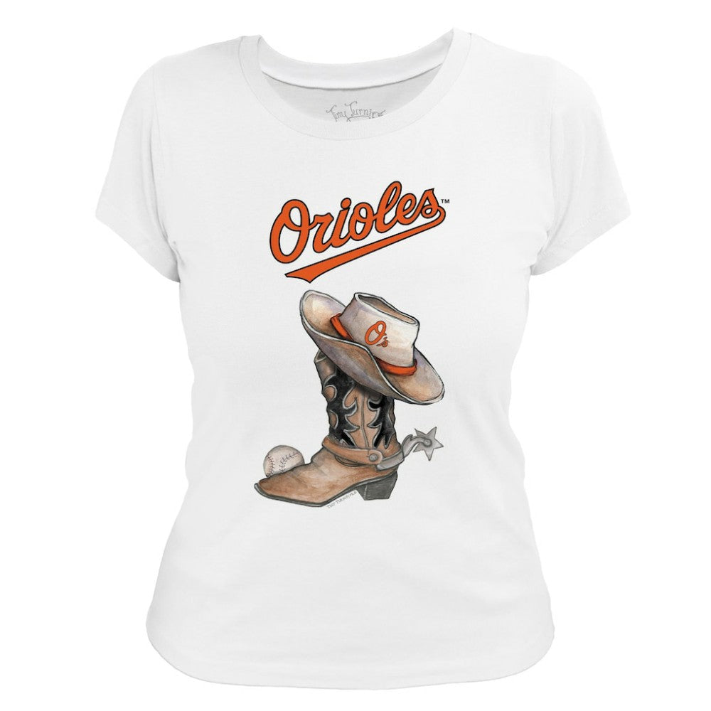 Baltimore Orioles Tiny Turnip Women's Cowboy Boot T-Shirt White