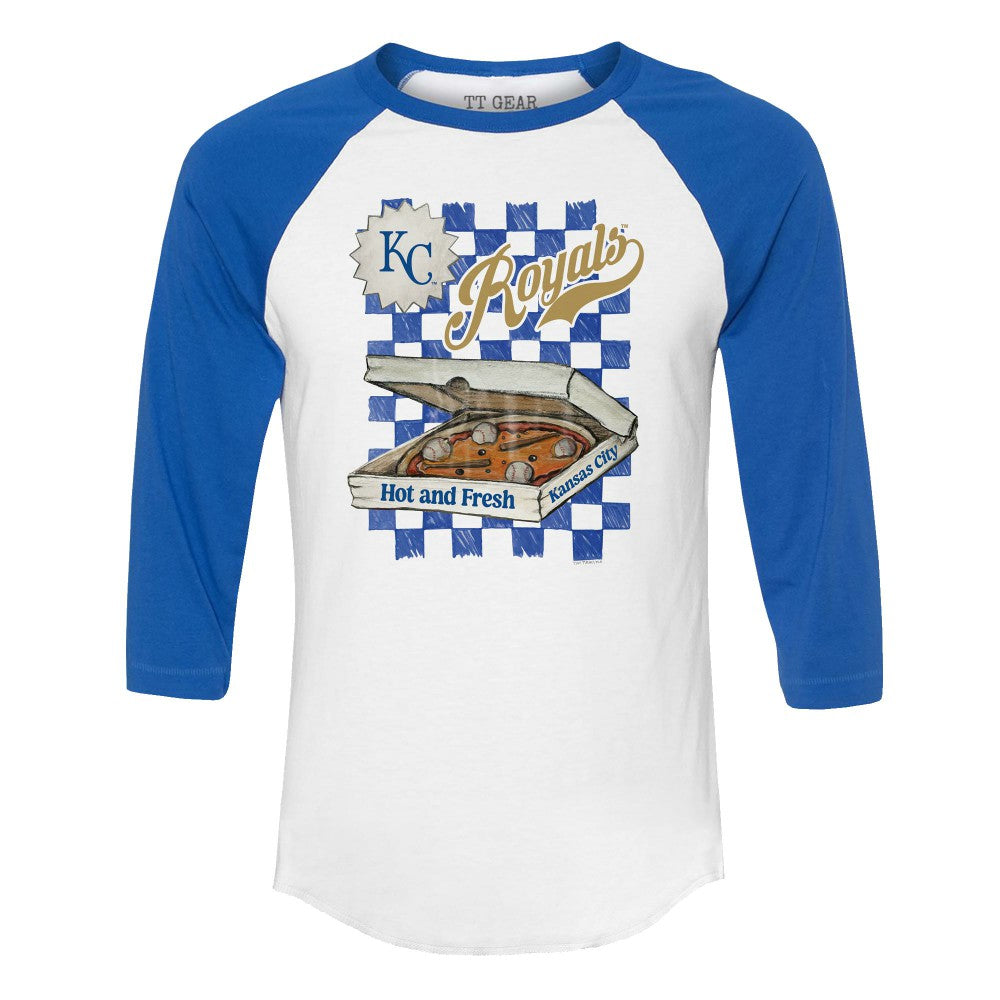 Kansas City Royals Tiny Turnip Women's Pizza 3/4-Sleeve Raglan Baseball T-Shirt White/Royal