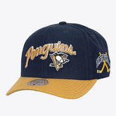 Pittsburgh Penguins Mitchell & Ness x Just Don Wave Script Pro Strapback Hat - Navy/Gold Hats