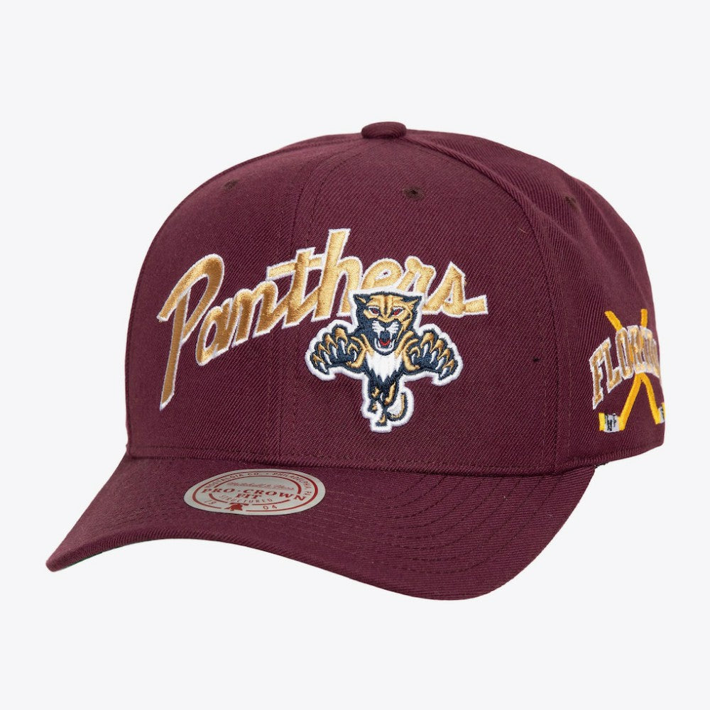 Florida Panthers Mitchell & Ness x Just Don Wave Script Pro Strapback Hat - Maroon Hats