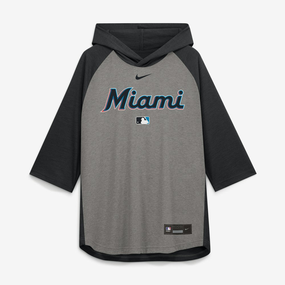Miami Marlins Authentic Collection Flux Dri-FIT Raglan 3/4-Sleeve Hooded T-Shirt Gray