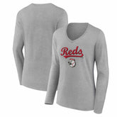 Cincinnati Reds Women's Team Lockup Long Sleeve V-Neck T-Shirt Gray