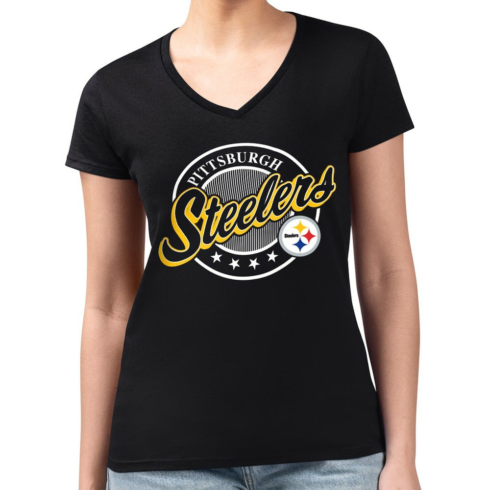 Pittsburgh Steelers G-III 4Her by Carl Banks Women's Super-Slim Fit Lightweight Pinstripe Circle V-Neck T-Shirt - Black online