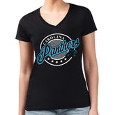 Carolina Panthers G-III 4Her by Carl Banks Women's Super-Slim Fit Lightweight Pinstripe Circle V-Neck T-Shirt - Black on sale