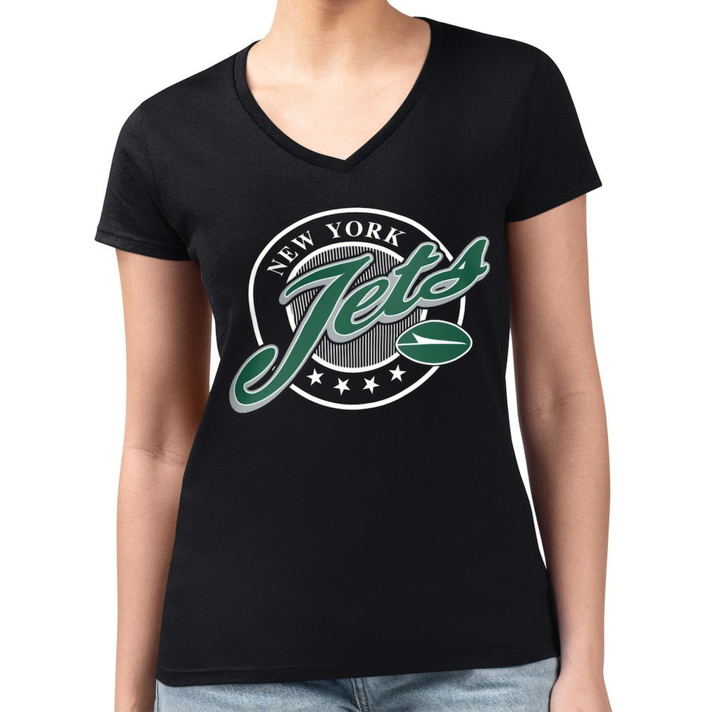 New York Jets G-III 4Her by Carl Banks Women's Super-Slim Fit Lightweight Pinstripe Circle V-Neck T-Shirt - Black cheap