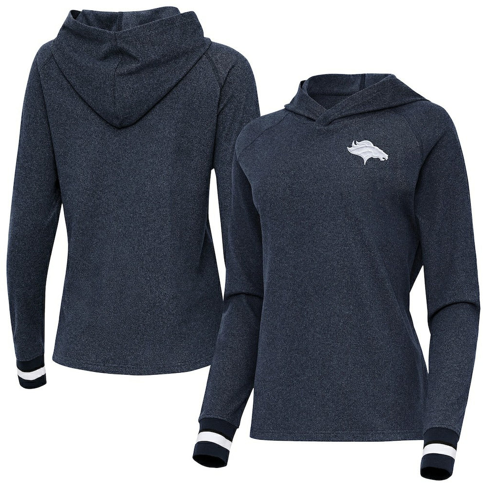 Denver Broncos Antigua Women's Trek Raglan Pullover Hoodie - Heather Navy online