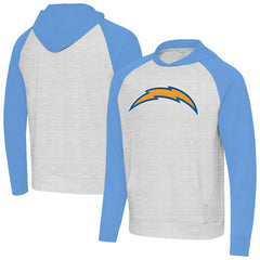 Los Angeles Chargers Antigua Urgent Raglan Pullover Hoodie - Heather Gray/Heather Powder Blue cheap