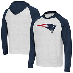 New England Patriots Antigua Urgent Raglan Pullover Hoodie - Heather Gray/Heather Navy outlet