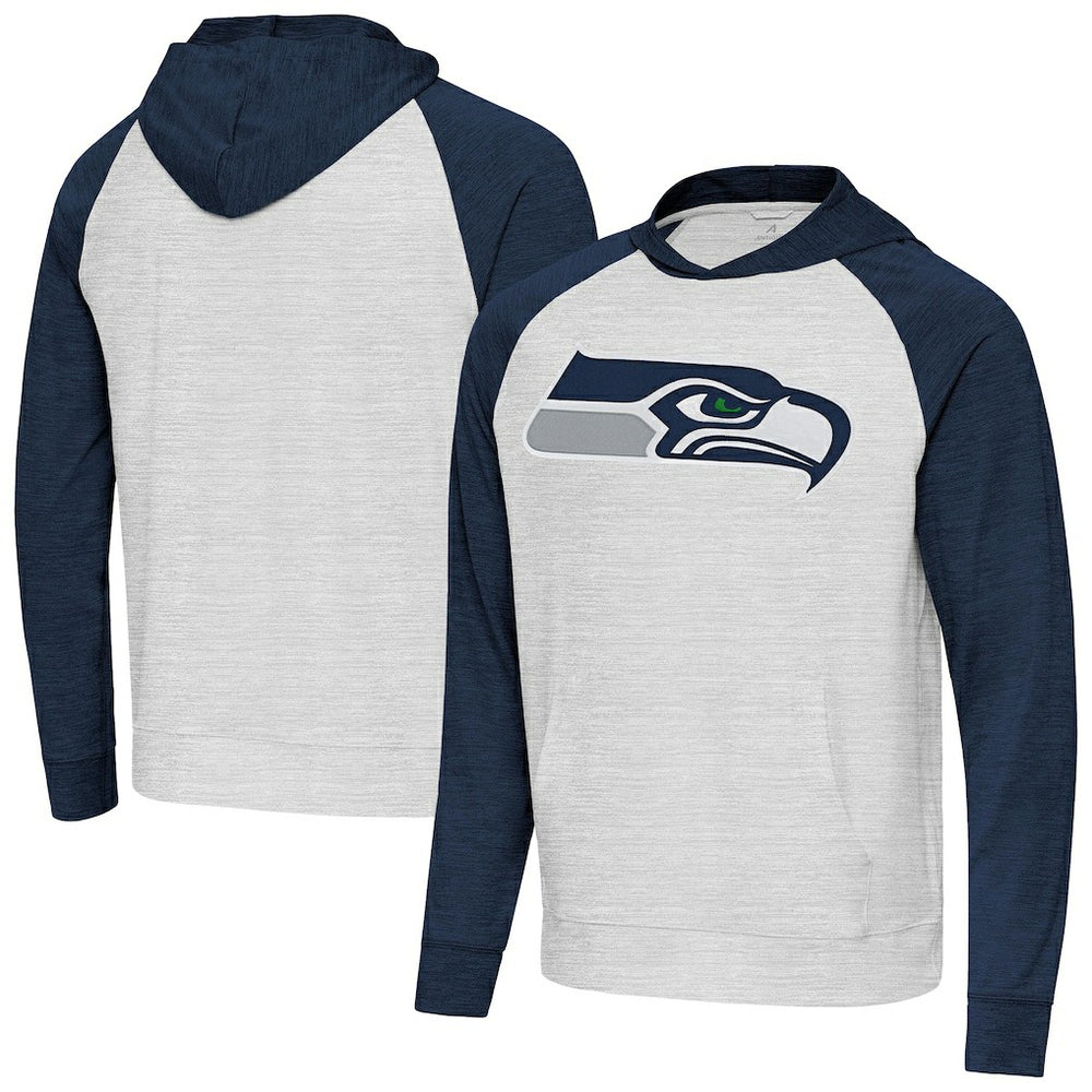 Seattle Seahawks Antigua Urgent Raglan Pullover Hoodie - Heather Gray/Heather College Navy outlet