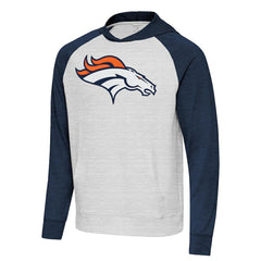 Denver Broncos Antigua Urgent Raglan Pullover Hoodie - Heather Gray/Heather Navy cheap