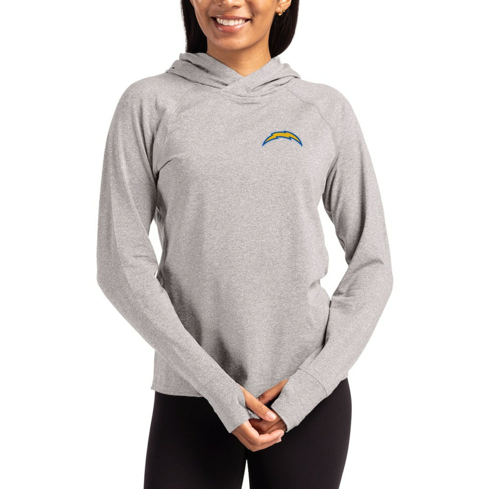 Los Angeles Chargers Cutter & Buck Women's Primary Logo Adapt Knit Recycled Raglan Pullover Hoodie - Heather Gray sale