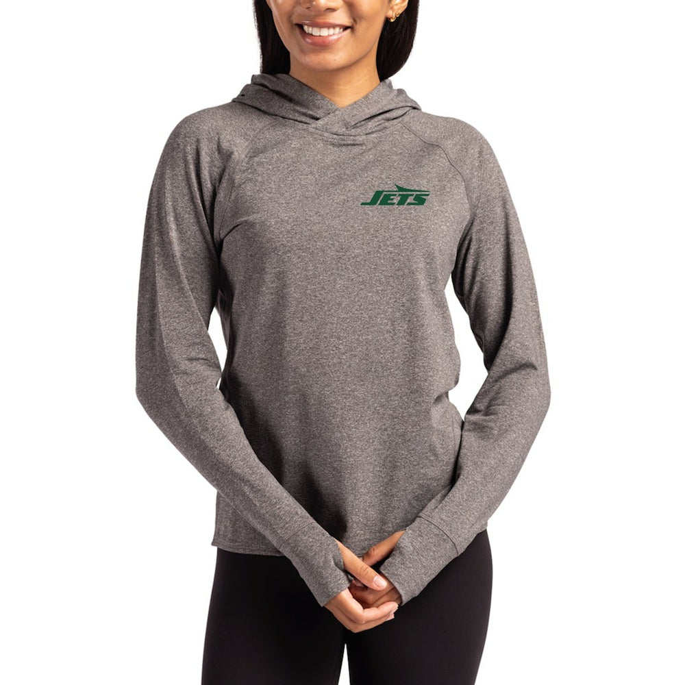 New York Jets Cutter & Buck Women's Primary Logo Adapt Knit Recycled Raglan Pullover Hoodie - Heather Charcoal online