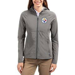 Pittsburgh Steelers Cutter & Buck Women's Adapt Eco Knit Hybrid Recycled Raglan Full-Zip Hoodie Jacket - Gray for sale