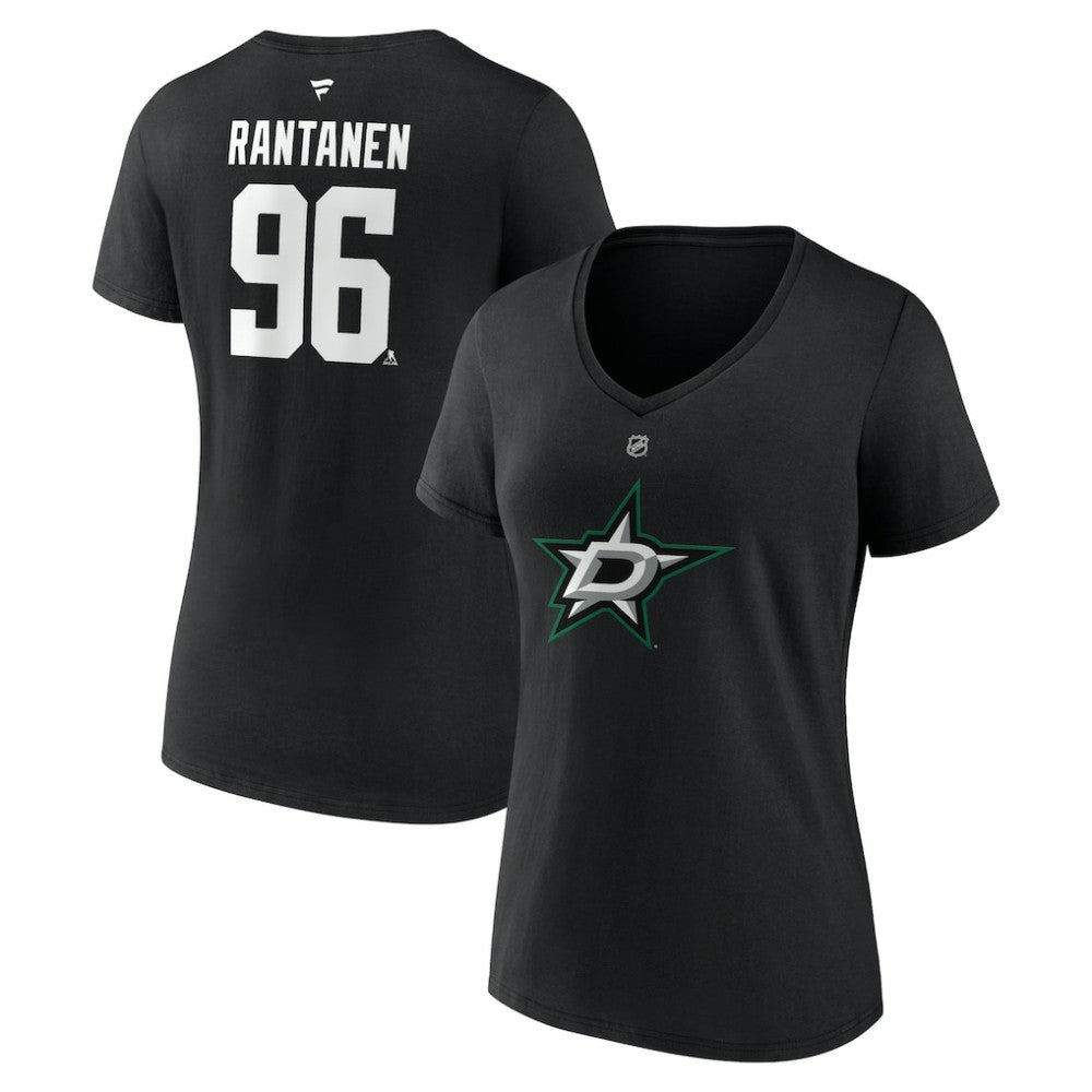 Mikko Rantanen Dallas Stars Fanatics Women's Authentic Stack Name & Number V-Neck T-Shirt - Black T-shirts