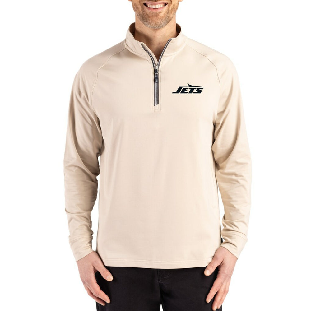 New York Jets Cutter & Buck Adapt Eco Knit Stretch Recycled Quarter-Zip Pullover - Tan for sale