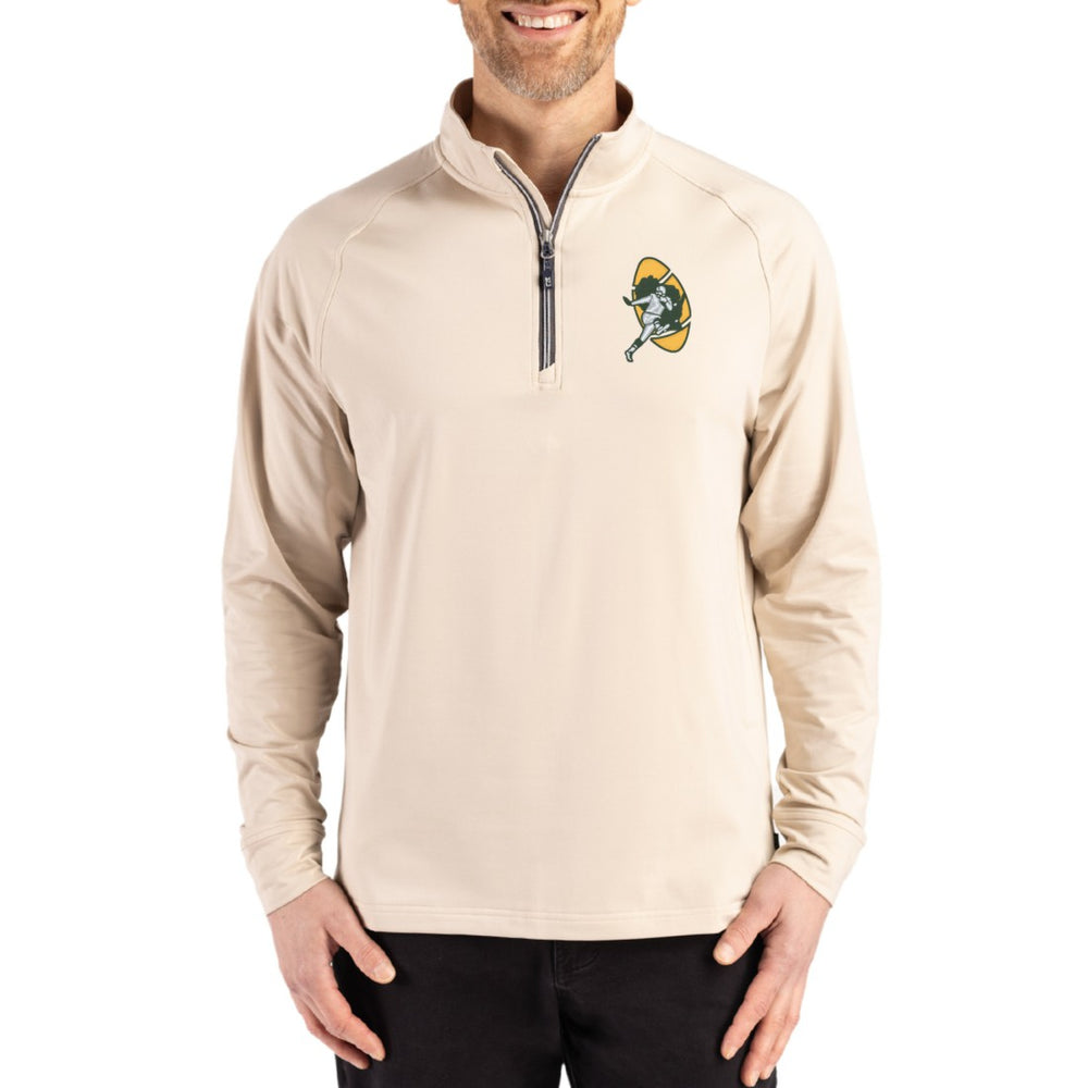 Green Bay Packers Cutter & Buck Throwback Logo Adapt Eco Knit Stretch Recycled Quarter-Zip Pullover - Tan for sale
