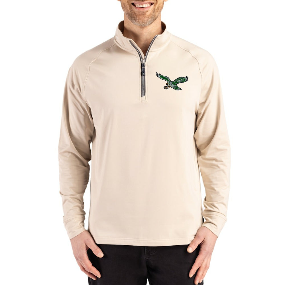 Philadelphia Eagles Cutter & Buck Throwback Logo Adapt Eco Knit Stretch Recycled Quarter-Zip Pullover - Tan on sale