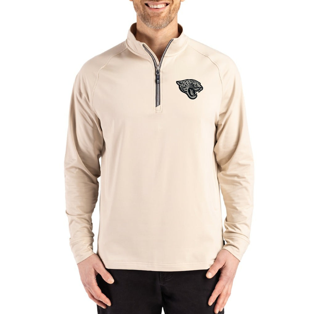 Jacksonville Jaguars Cutter & Buck Adapt Eco Knit Stretch Recycled Quarter-Zip Pullover - Tan for sale