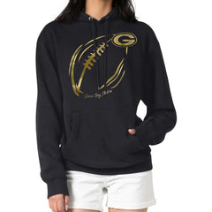 Green Bay Packers G-III 4Her by Carl Banks Women's Metallic Print Football Sketch Fleece Pullover Hoodie - Black for sale
