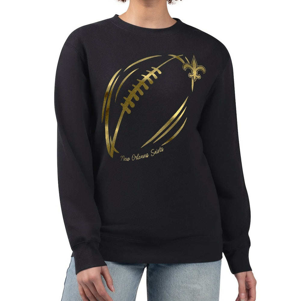 New Orleans Saints G-III 4Her by Carl Banks Women's Metallic Print Football Sketch Fleece Crewneck Sweatshirt - Black outlet