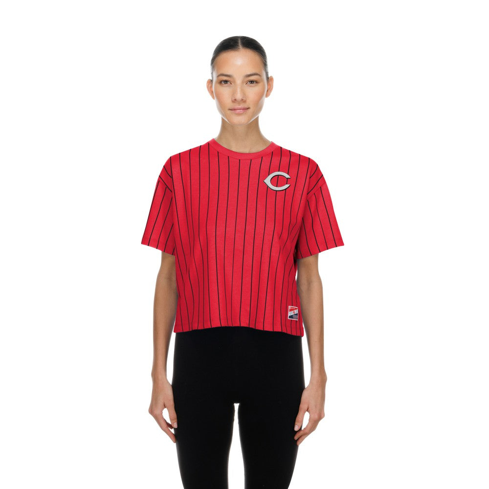Cincinnati Reds Women's Throwback Meshback Pinstripe Boxy T-Shirt Red