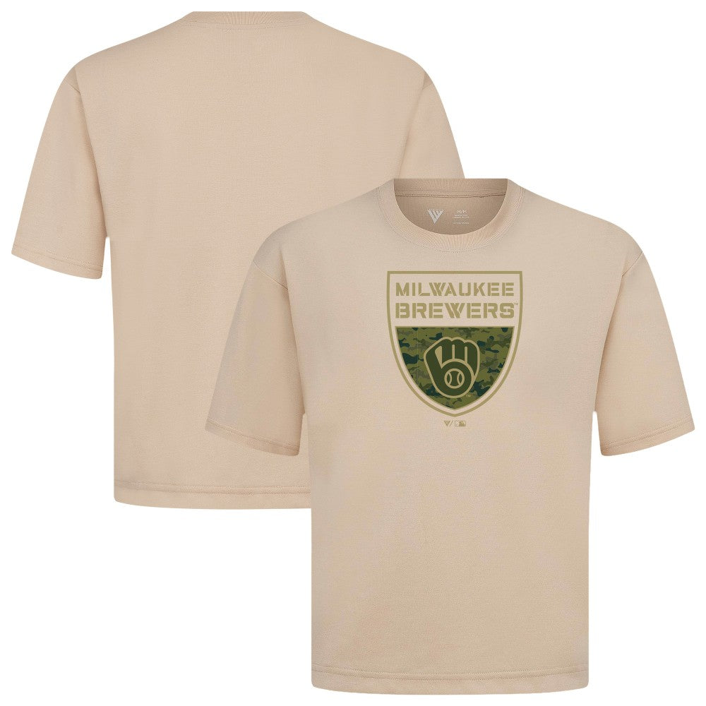Milwaukee Brewers Levelwear Oversized Luxe Signature Knit Buckler T-Shirt Khaki