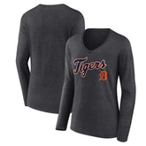 Detroit Tigers Women's Team Lockup Long Sleeve V-Neck T-Shirt Charcoal