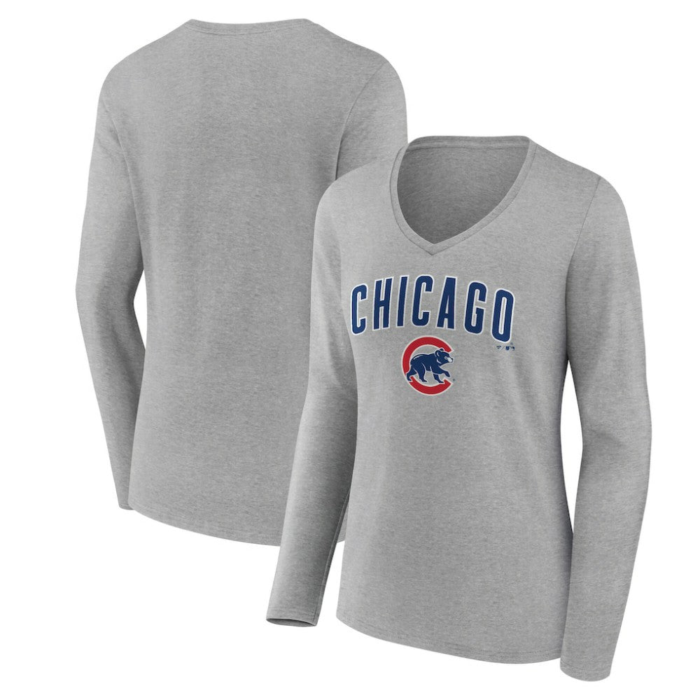 Chicago Cubs Women's Team Lockup Long Sleeve V-Neck T-Shirt Gray