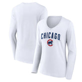Chicago Cubs Women's Team Lockup Long Sleeve V-Neck T-Shirt White
