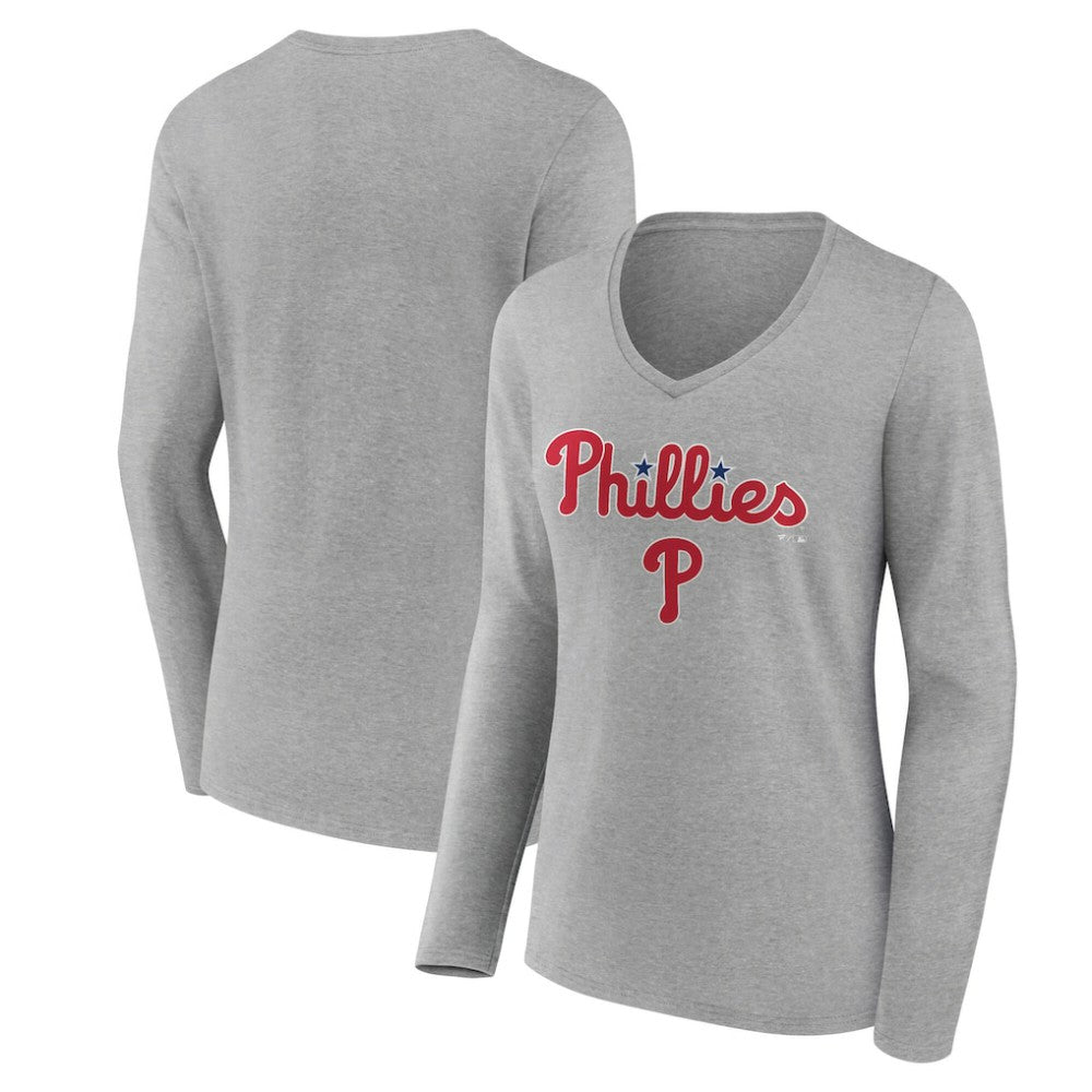 Philadelphia Phillies Women's Team Lockup Long Sleeve V-Neck T-Shirt Gray