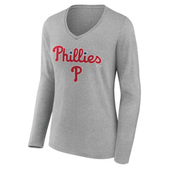 Philadelphia Phillies Women's Team Lockup Long Sleeve V-Neck T-Shirt Gray
