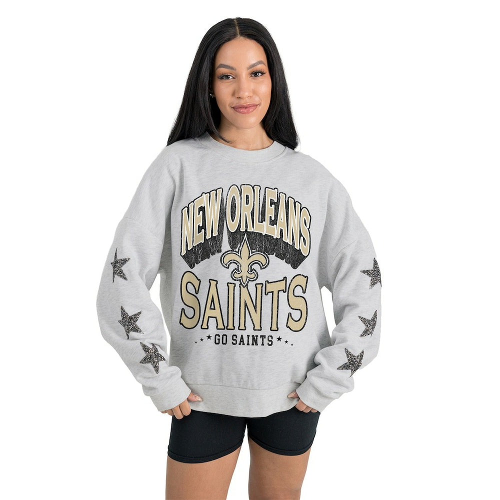 New Orleans Saints Gameday Couture Women's Resilience Relaxed Rhinestone Pullover Sweatshirt - Ash outlet