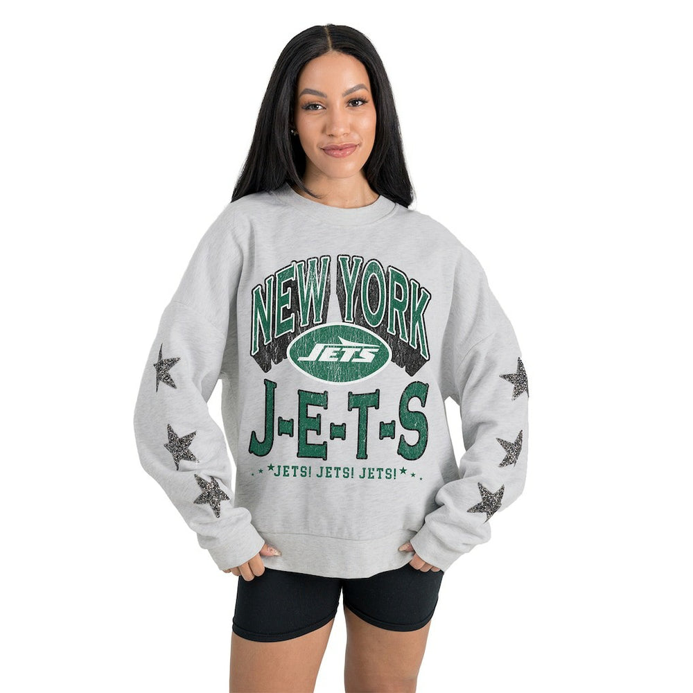 New York Jets Gameday Couture Women's Resilience Relaxed Rhinestone Pullover Sweatshirt - Ash on sale