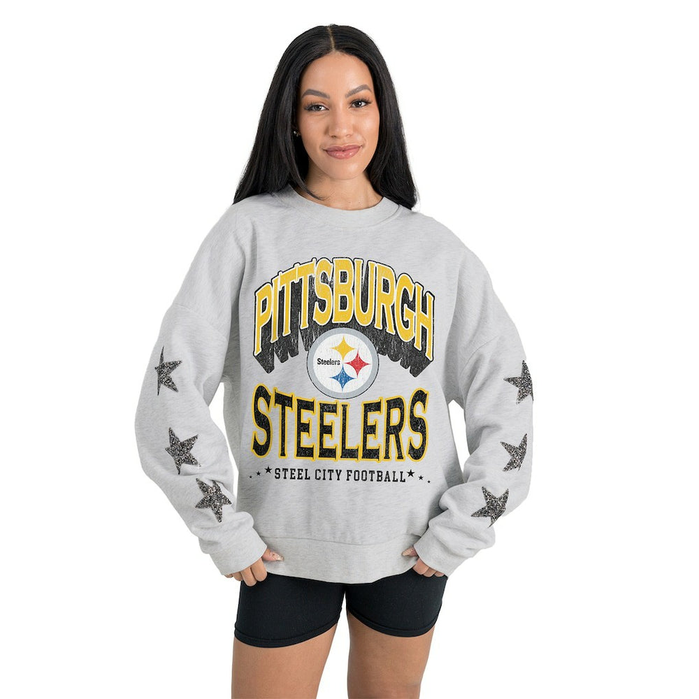 Pittsburgh Steelers Gameday Couture Women's Resilience Relaxed Rhinestone Pullover Sweatshirt - Ash discount