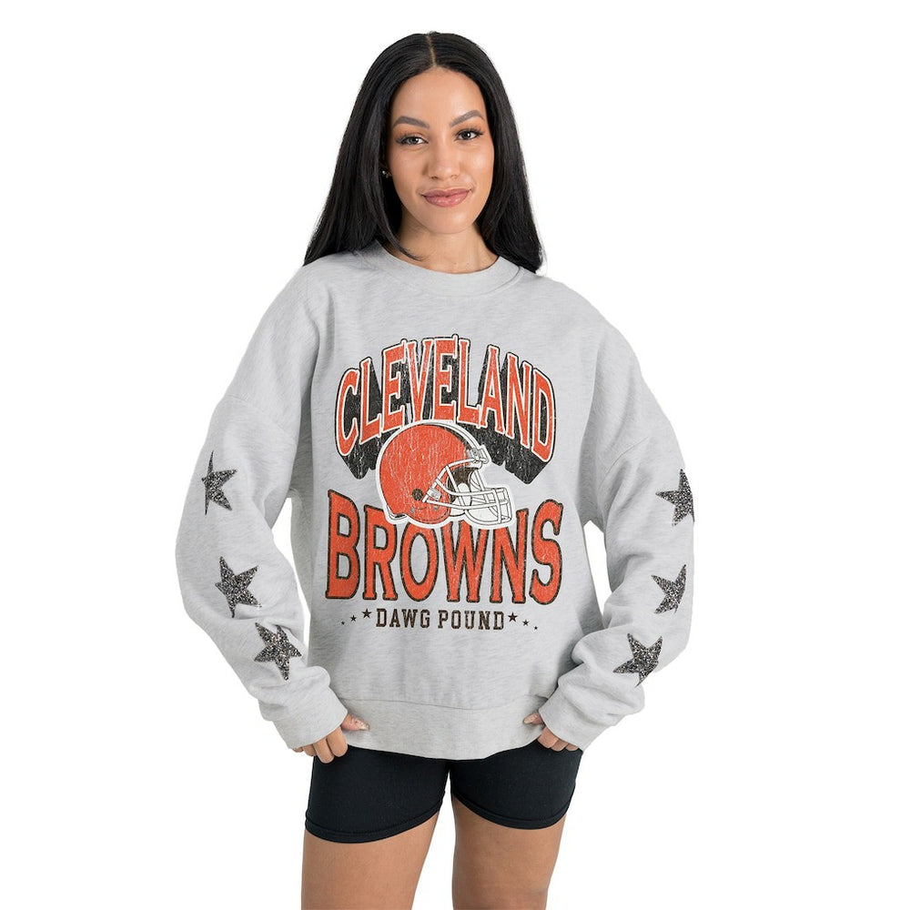 Cleveland Browns Gameday Couture Women's Resilience Relaxed Rhinestone Pullover Sweatshirt - Ash on sale