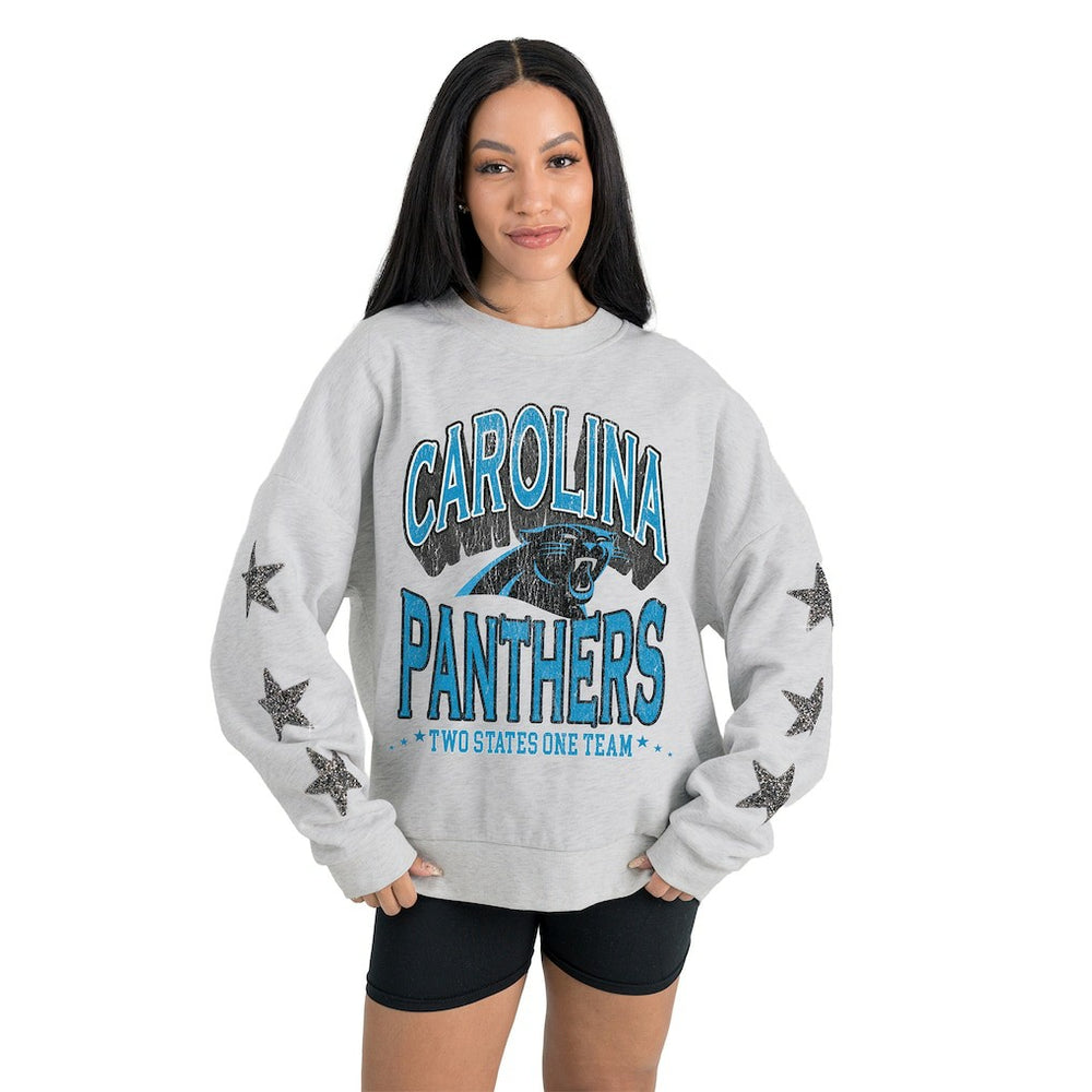 Carolina Panthers Gameday Couture Women's Resilience Relaxed Rhinestone Pullover Sweatshirt - Ash sale
