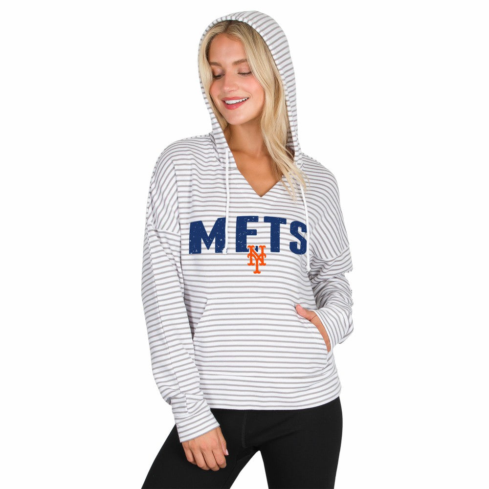 New York Mets Concepts Sport Women's Liftoff Striped V-Neck Hoodie White/Gray