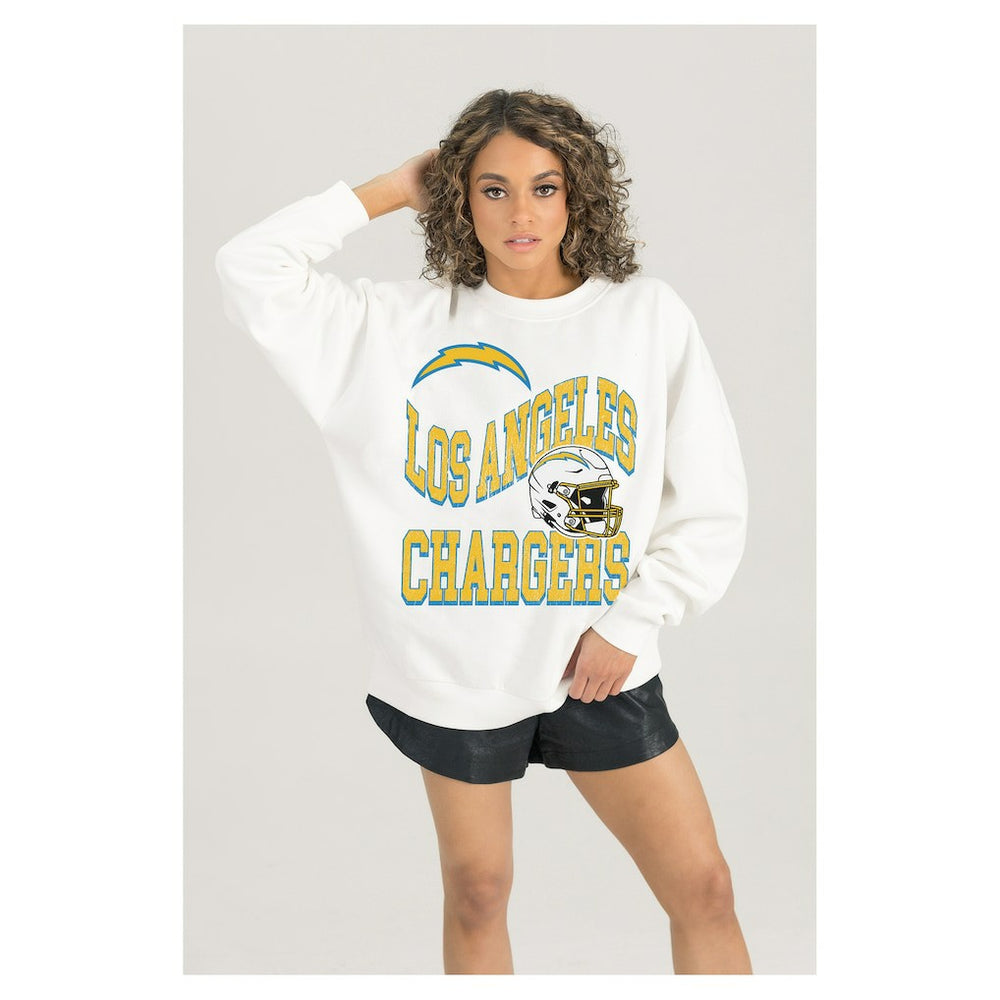 Los Angeles Chargers Gameday Couture Women's Oversized Hard Earned Premium Fleece Pullover Sweatshirt - White for sale