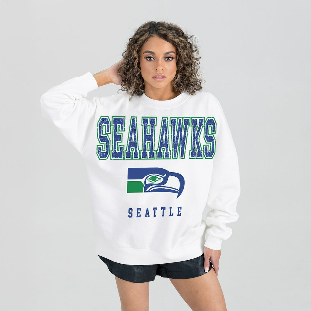 Seattle Seahawks Gameday Couture Women's Classic Sunday Drives Oversized Premium Fleece Pullover Sweatshirt - White for sale