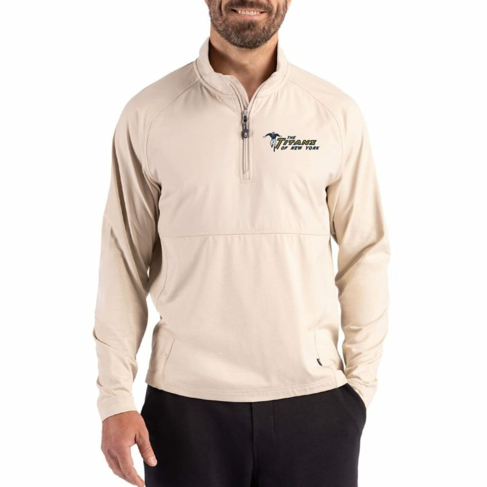 New York Jets Cutter & Buck Adapt Eco Knit Hybrid Recycled Quarter-Zip Jacket - Light Brown on sale